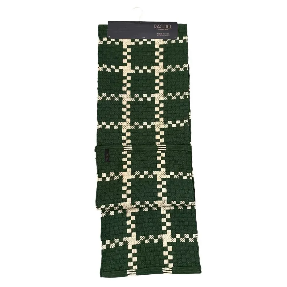 Rachel Roy Checkered Jute Table Runner 16x90 Christmas Holiday Green Cream New